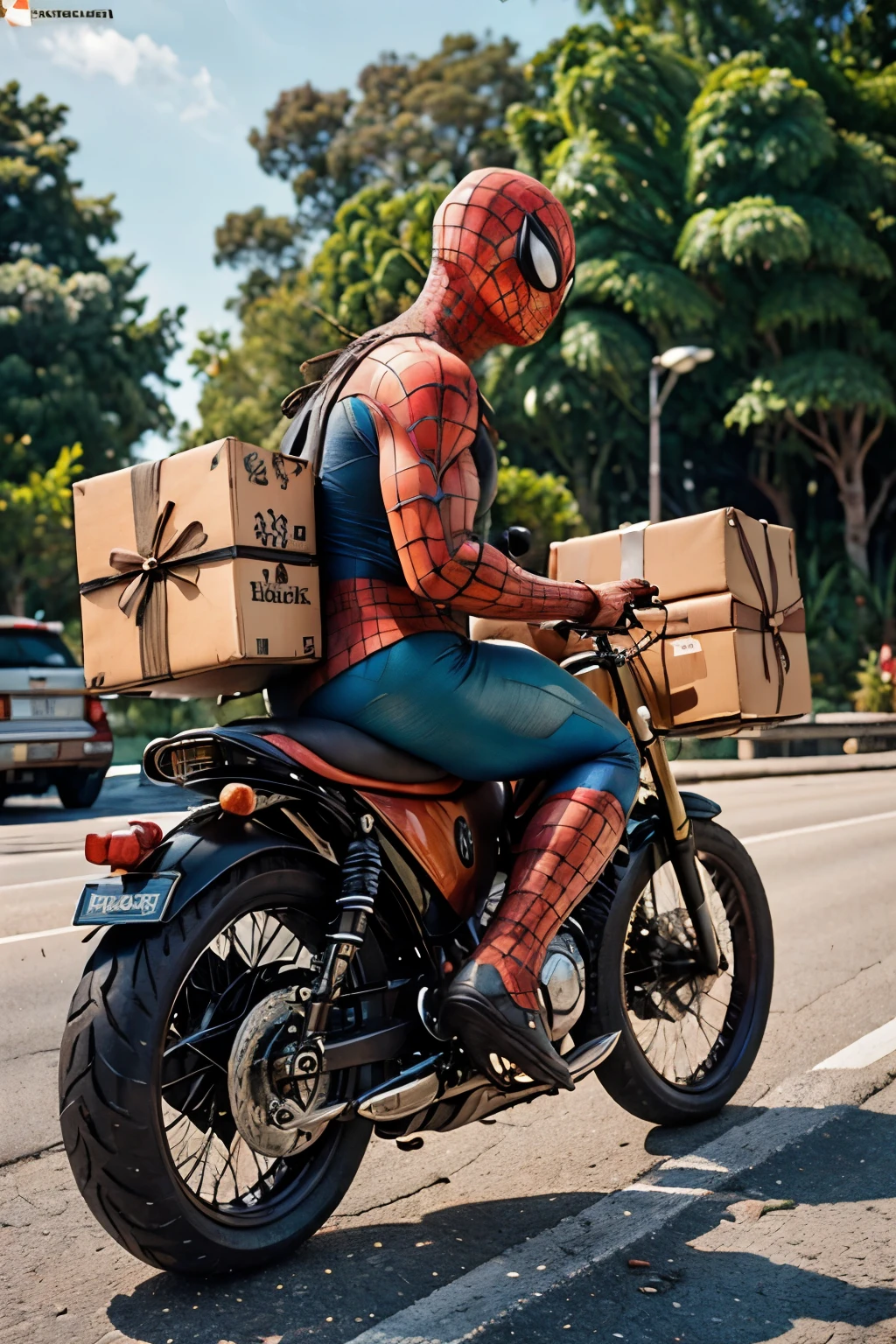 Create a 3D illustration of A realistic superhero character Spiderman is riding a motorbike carrying lots of packages behind him.Package courier. Hand holding motorbike handlebar. With a background on the side of the highway. . Side view. Indonesia flag. Realistic. Spiderman becomes a package courier. Indonesia