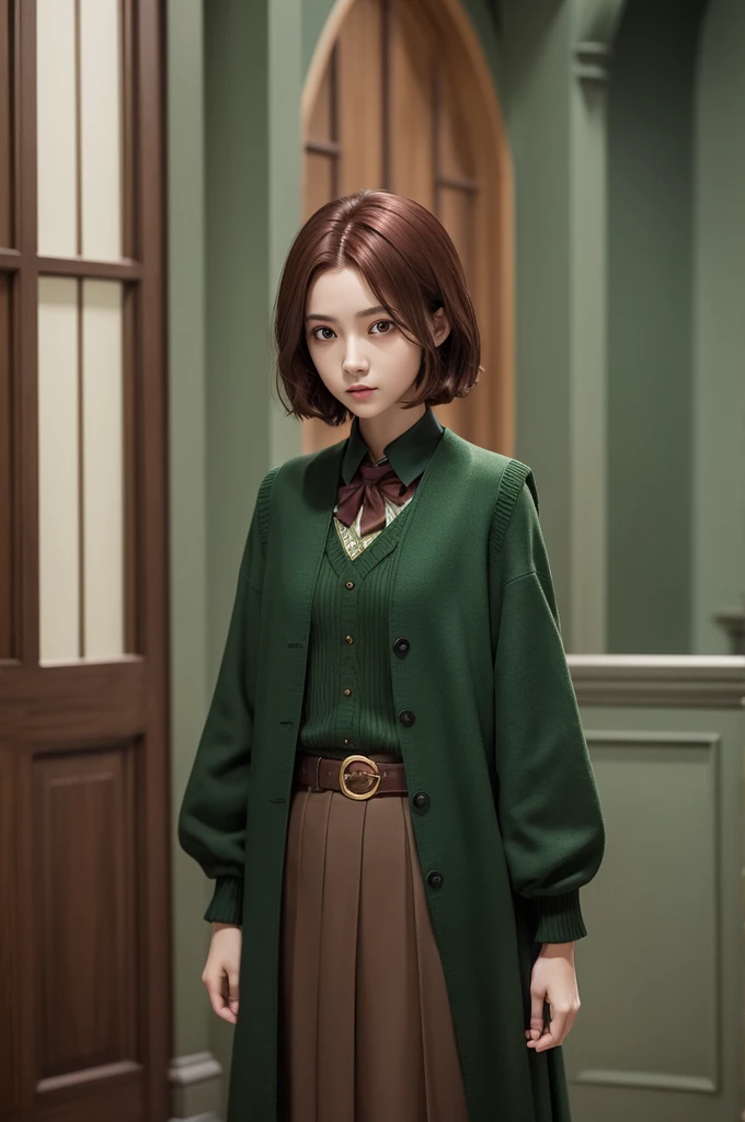  thin with medium cherry hair, medium short, brown skin color, brown eyes, Slytherin house outfit, Slytherin house without being white 