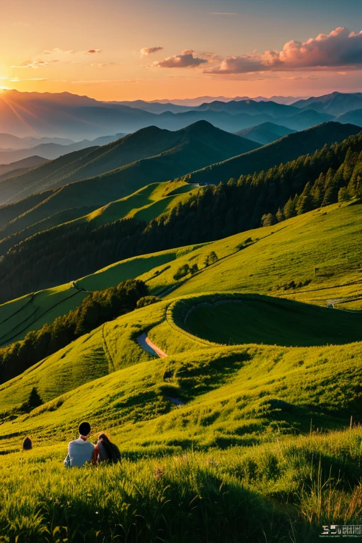 Mountain、green、sunset
