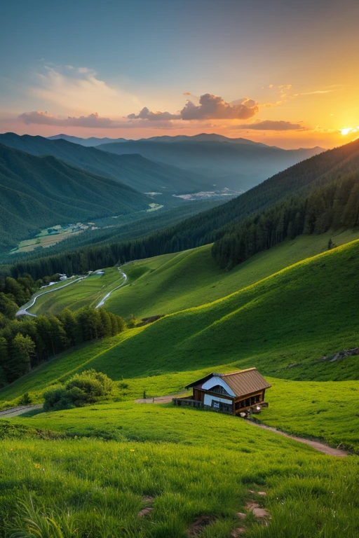 Mountain、green、sunset
