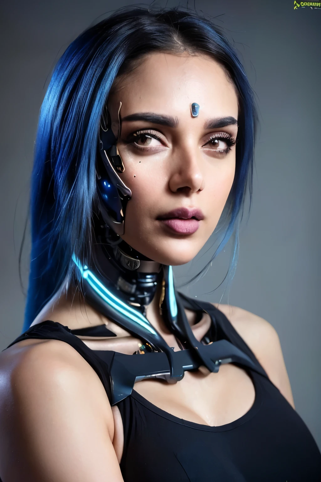 (photo of a gorgeous woman), (professional photography), (cyberpunk  background), ((as a sexy cyborg girl)), detailed face, (medium body portrait), (blue hair), masterpiece, best quality, (eye contact), (looking at the viewer), centred, (shot from front),  ((cinematic lighting)), blurred_background, proportional, 