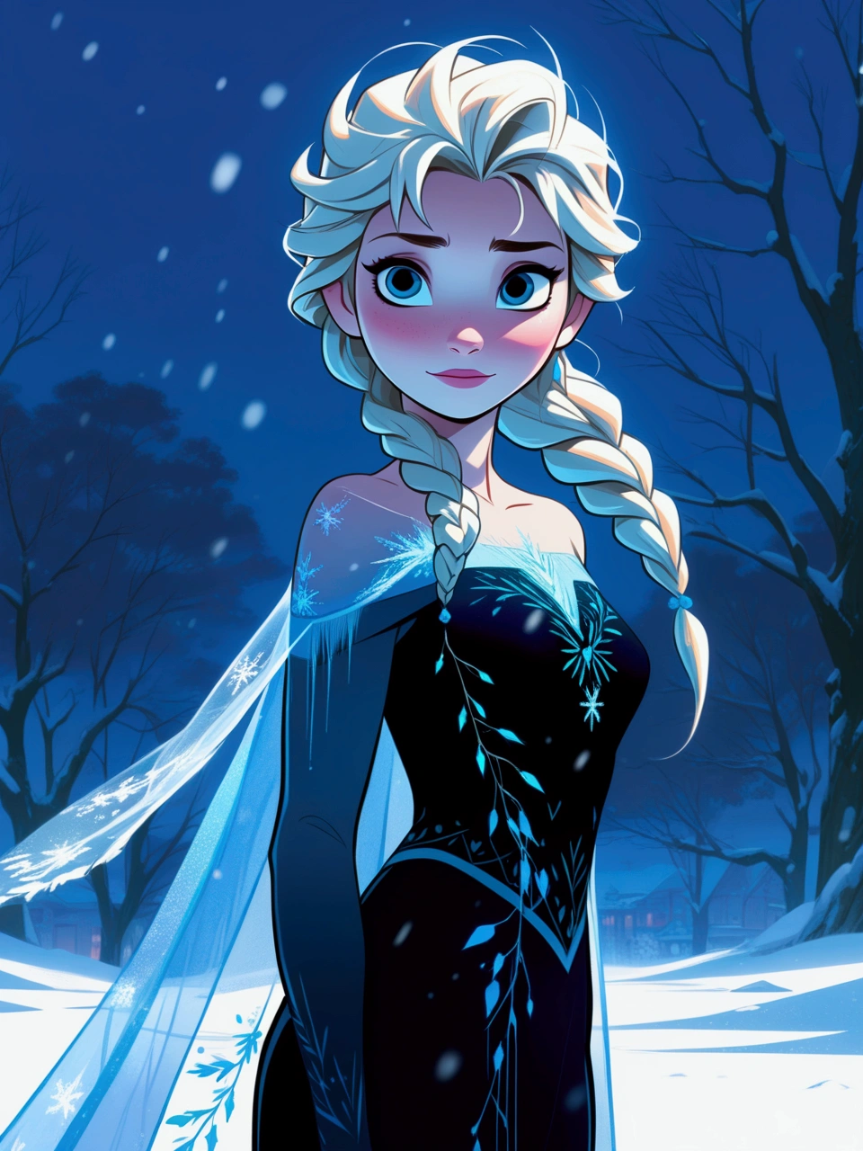 Elsa from Frozen, standing in the snow. Style by Makoto Shinkai. Eerie, unsettling, dark, spooky, suspenseful, grim, highly detailed