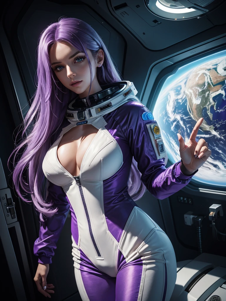 Beautiful Caucasian woman. Slim body. Just a woman. Alone. Western woman. Long hair with 1 braid. Purple hair. Bright purple eyes. Woman cosplaying as an astronaut. Her outfit is a golden astronaut jumpsuit with a large  on her breasts.man is in a brightly lit white space station with a futuristic window showing space. The place has several blue holographic monitors. Dynamic light. Dynamic shadows. High resolution. Detailed.