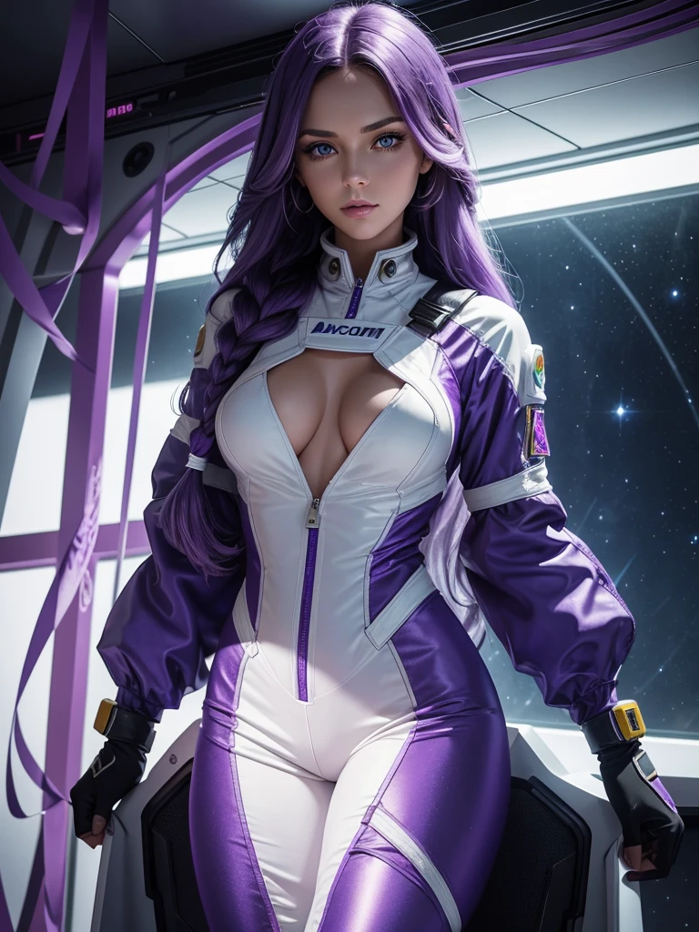 Beautiful Caucasian woman. Slim body. Just a woman. Alone. Western woman. Long hair with 1 braid. Purple hair. Bright purple eyes. Woman cosplaying as an astronaut. Her outfit is a golden astronaut jumpsuit with a large cleavage on her breasts. The woman is in a brightly lit white space station with a futuristic window showing space. The place has several blue holographic monitors. Dynamic light. Dynamic shadows. High resolution. Detailed.