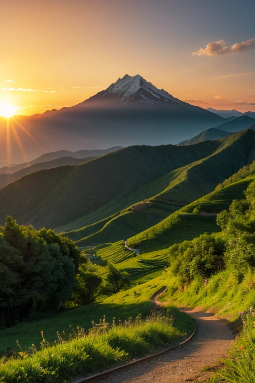Mountain、green、sunset