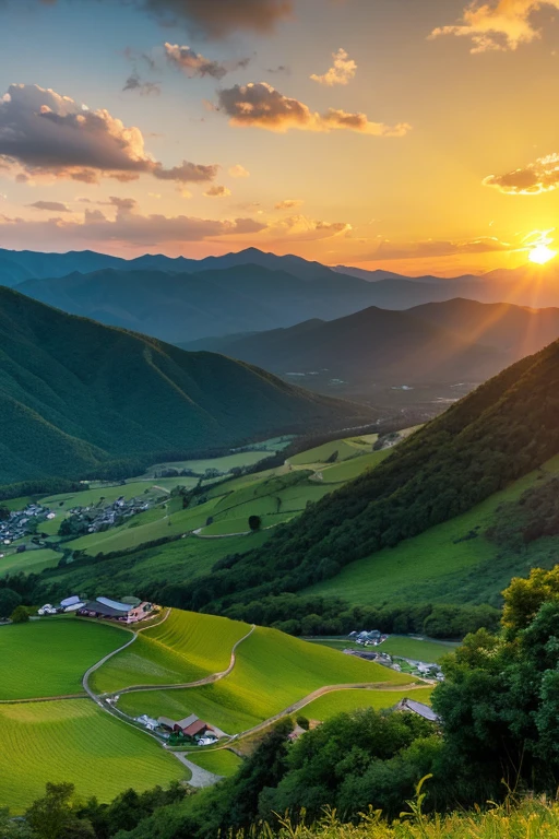 Mountain、green、sunset