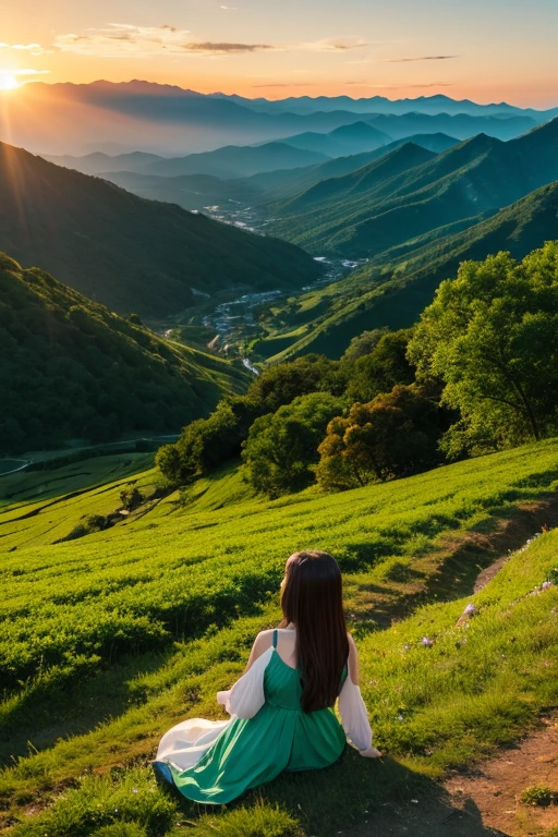 Mountain、green、sunset