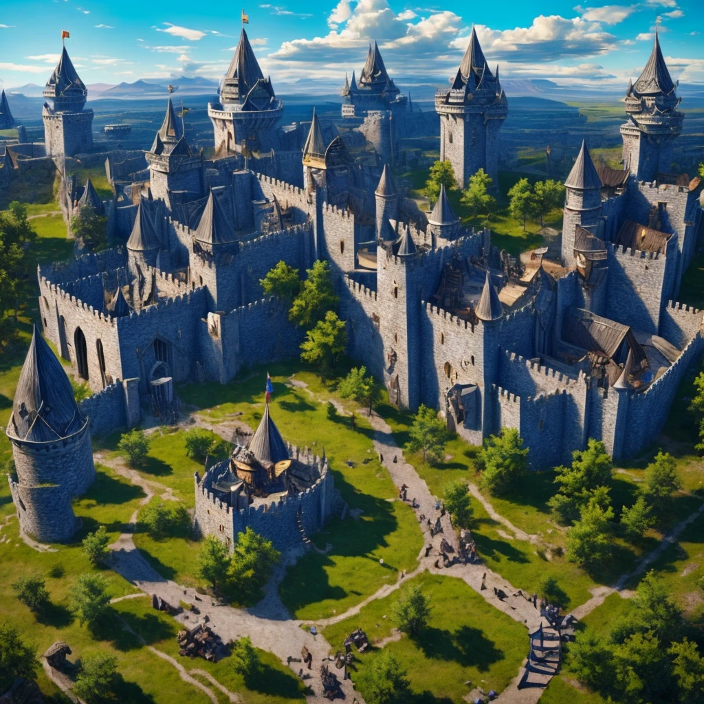Top view composition Western fantasy game style castle giant girl Female Giant Tall Girl Big Breasts Cleavage Girl wearing giant armor and holding a big sword Big shield Big sword Blue sky Cumulonimbus Sunshine City Crowd Precision painting