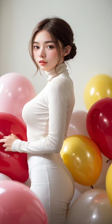 masterpiece, best quality, highly detailed background, perfect lightingbest quality,fashion portrait photo of beautiful young woman from the 60s wearing a red turtleneck standing in the middle of a ton of white balloons, taken on a hasselblad medium format camera