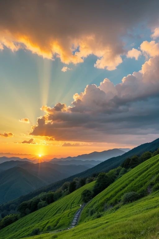 Mountain、green、sunset