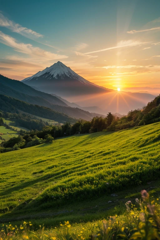 Mountain、green、sunset
