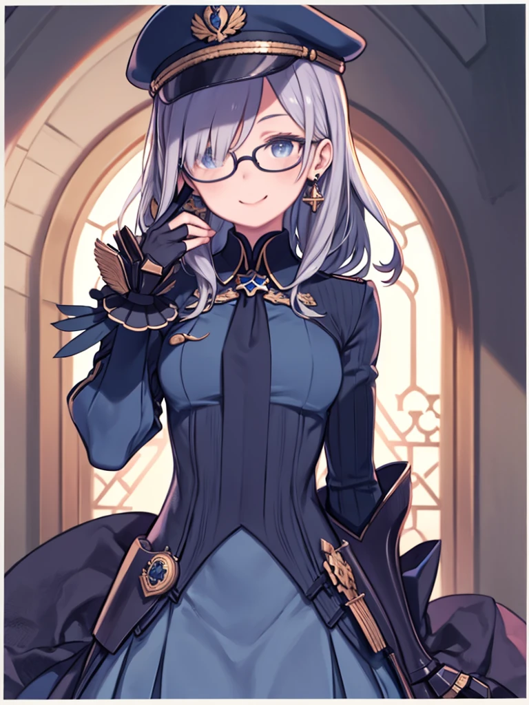 bridge, Hair on one eye, Garrison Cap, Earrings, tie, No sleeve, Side bust, bridgeAL GAUNTLETS, High Waist Skirt, Blue clothes, One girl, alone, Upper Body, In-person audience, View your viewers, smile. (Adjusting Glasses:1.2)