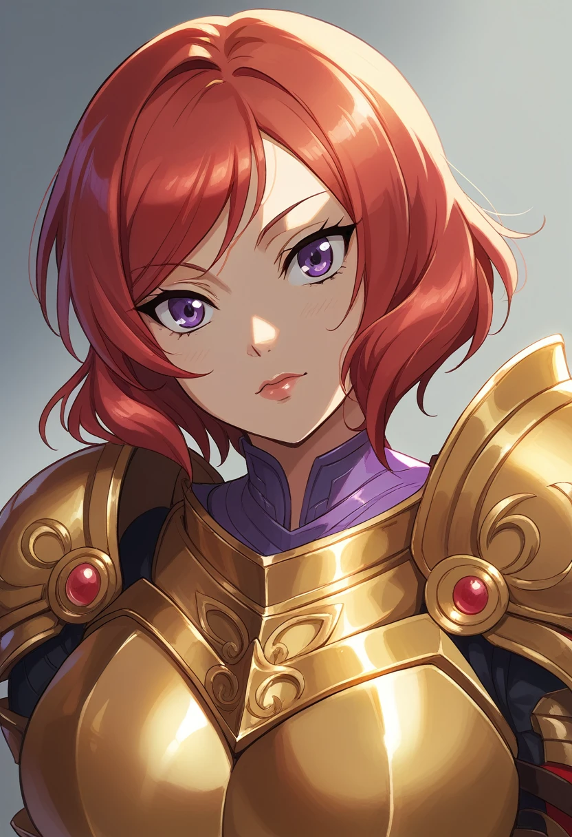 Nishikino maki, Purple eyes, red hair, short hair,(armor:1.2),Golden Armor , llchar,  upper body,solo, face close up,big breasts,(lipstick:0.7)