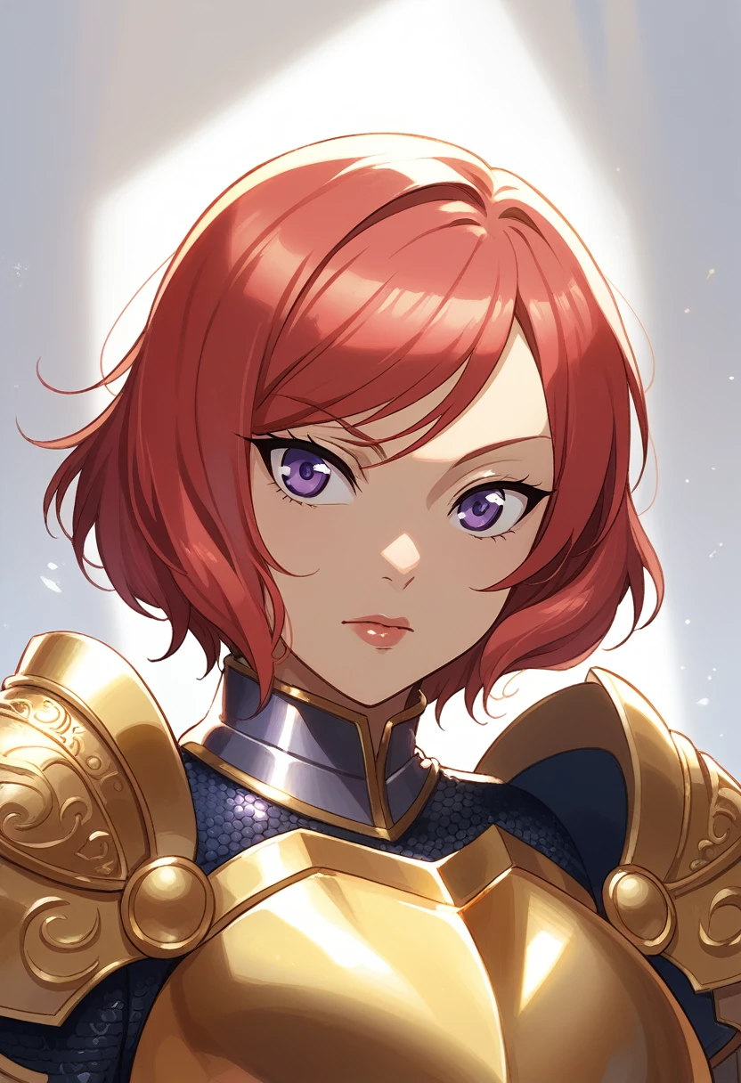 Nishikino maki, Purple eyes, red hair, short hair,(armor:1.2),Golden Armor , llchar, upper body,solo, face close up,big breasts,(lipstick:0.7)