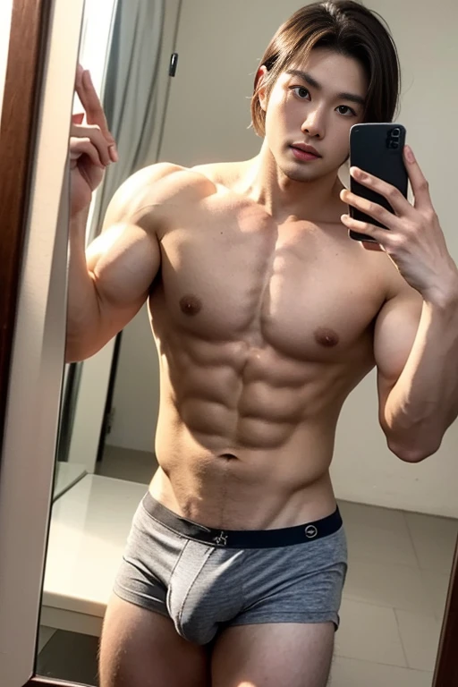 Handsome Korean man in his 20s, slightly muscular man, chest muscle development, thigh muscle development, I take a selfie of myself reflected in the mirror with my Samsung phone.., Wearing only gray boxer shorts, broad shoulders, Fluffy panties, copper skin