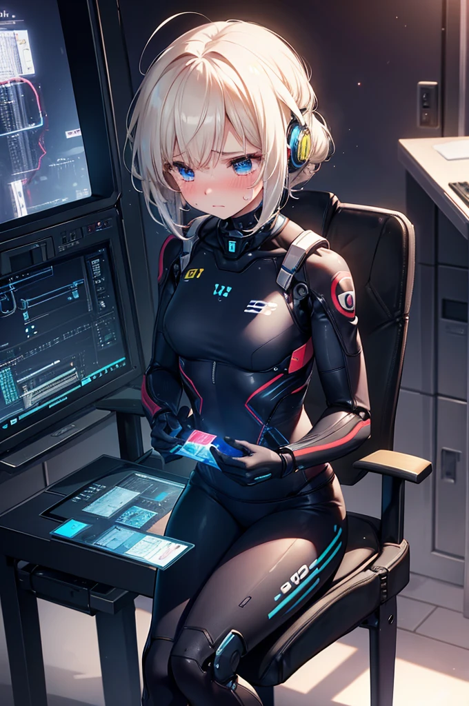 Top quality, masterpiece, absurdres, very precise detailed, extremely detailed 8K wallpaper,(transcendent beautiful girl), BREAK,(big size, sleeveless, fluffy sweater:1.5), flat_chest, huge_breasts, wide hips, BREAK, (Opens mouth and laughs), (innocent smile), (closed_eyes), headphones, blonde hair, bob cut, BREAK, (five fingers), (zettai_ryouiki), (mechanical joints, mechanical limbs:1.4), sitting, computer, keyboard, monitor,