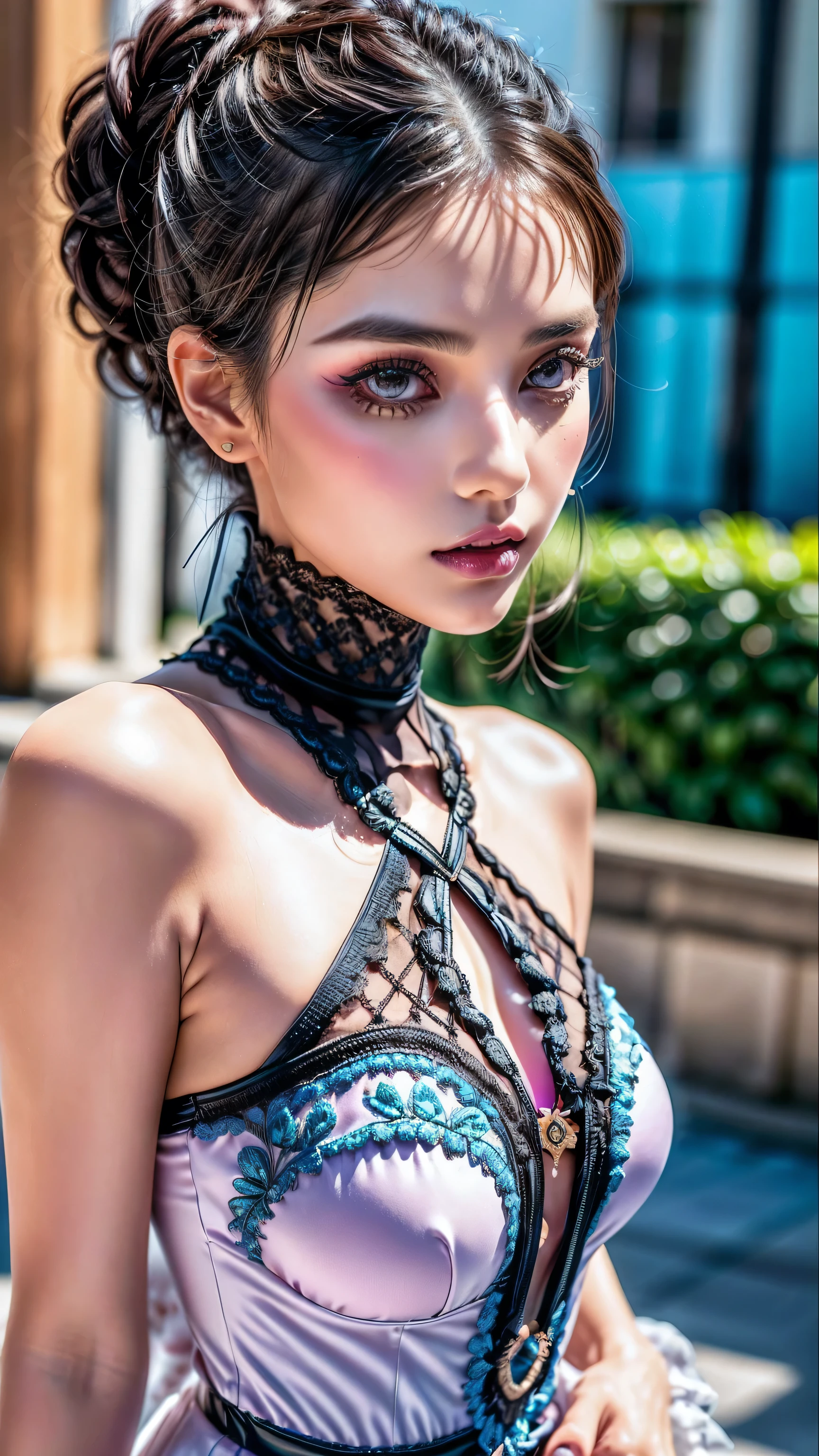 quality\((ultra high resolution)), ((An improvement of the most absurd quality:1.2)), ((photorealistic Realism 16K Quality)), vivid colors, (vivid colors, multicolor ((white, orange, ultraviolet, black)) in her outfit:1.32), (ultra-fine digital art\), ((Realistic eyes clear, sharp, absurd quality, not blurry brown_eyes:1.3)), (super detailed professional makeup on eyes:1.3), (highest quality texture skin), (Highly quality texture hair), (curly hair, ((slicked to the two side)), intricately details:1.3), (perfect proportions), (narrow waist), medium ass,beautiful cheekbones,slim belly:1.2,(slim-muscled body:1.22), (firm and full breasts), ((super details beautiful face)), (pink_makeup:1.3), blue_eyelashes, (glossy red_lipstick:1.21), (perfect dark_eyeshadows:1.45), (super detailed professional makeup on eyes:1.2)., BREAK, (microscopic street outfit:1.2), (minimalist provocative styling outfit:1.25), ((highly elaborate extravagant microscopic street outfit:1.3), (minimalist provocative styling:1.26)),\ White Dress, (silk tight Dolce&Gabbana. Floral dress:1.25), elegant fashion intricately detailed:1.33), floral couture, (clothes made of silk and printed flower), ((Wearing tight fitting dresses)), (black latex:1.28), ((latex bodysuit lace)), ((Intricate detailed multi-layer Dress lace with,\ [blue:flower] \and pink: fishnet:1.45)), ((white lace:1.22\)), BREAK, background\(((city night:1.4), (neon sign), ((night):1.2))). Cinematic Light, (octane rendering, ray tracing), (((photo from head to knee:1.37))), (Proportions are based on a 7.5 head scale). 