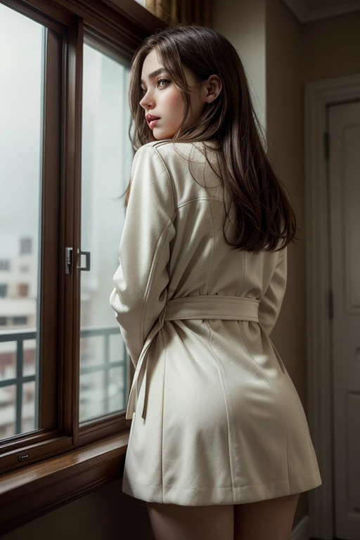 A beautiful girl, Appearing to be around 25 years old, with light skin, brown hair and light eyes.
tenue: She is wearing white lingerie and a coat that highlights her elegance and maturity..
Scenario: She is leaning gently on the balcony of an apartment, looking out with a serene and thoughtful expression.
perspective: The origin of the image is from inside the room, capturing the girl from behind as she takes in the view.
enviroment: The background of the room is slightly dark, with romantic tones, suggesting an intimate and welcoming atmosphere.
Lighting: Soft morning or evening light streams in from the balcony, delicately illuminating the girl&#39;s figure, while the rest of the room remains in subtle shadows.