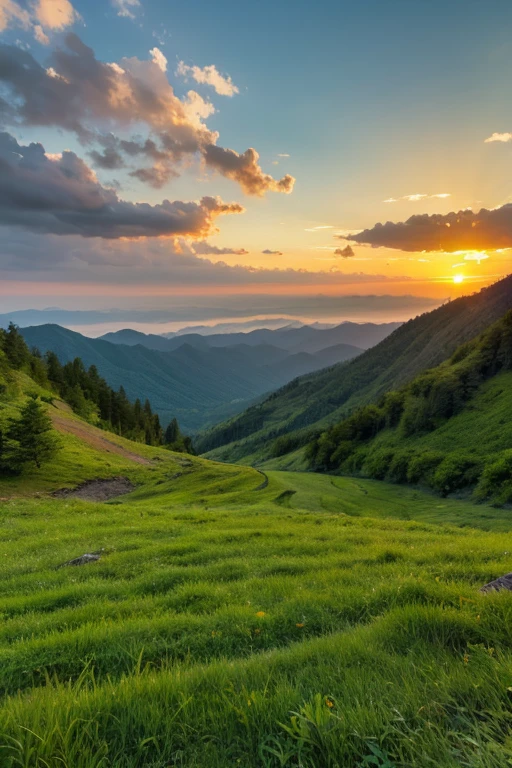 Mountain、green、sunset