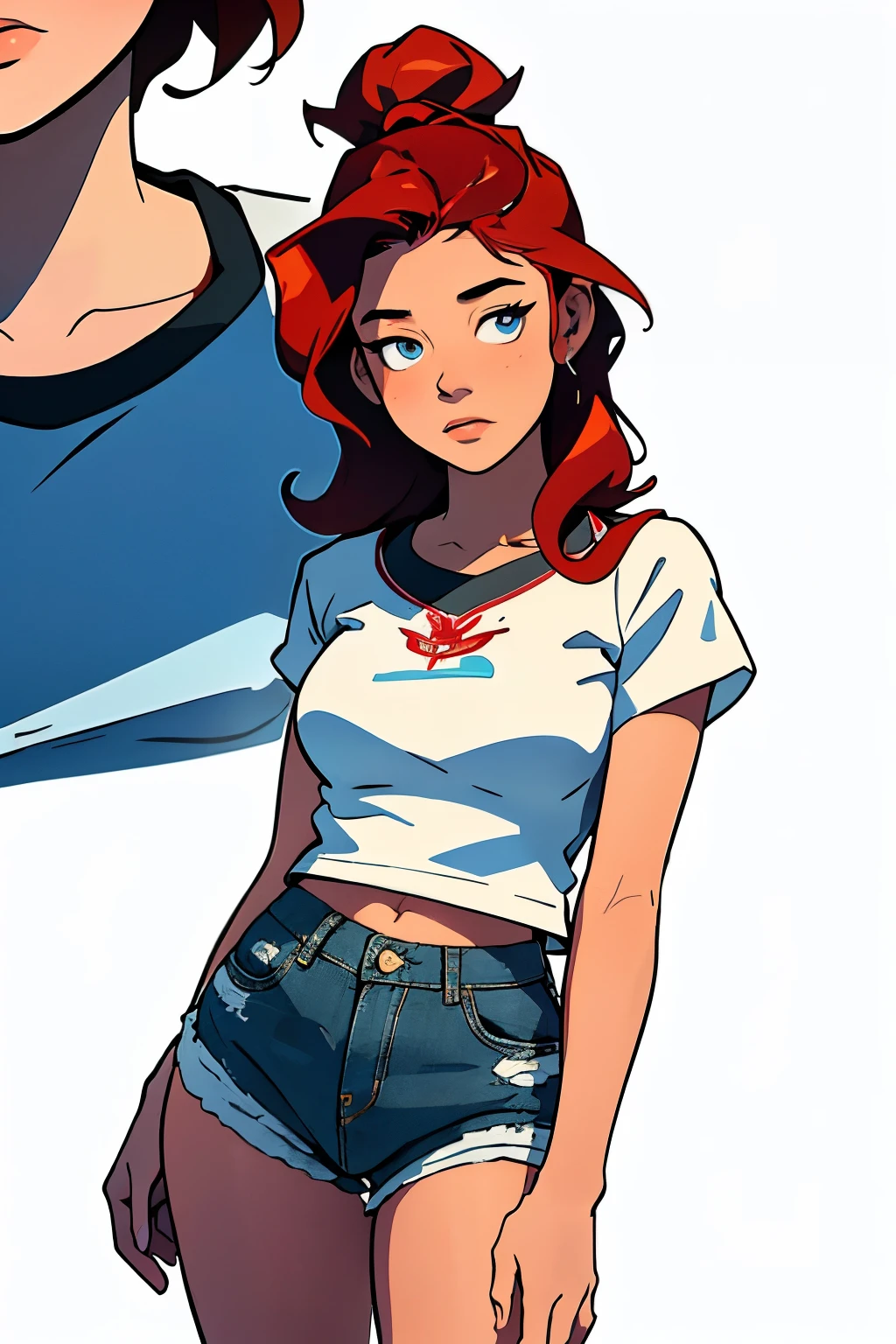 masterpiece, best quality, close up,1girl,the highest image quality, 21-year-old woman, looks like Olivia Dunne, bright red hair, blue eyes, wearing a white graphic tee and denim shorts, sad, large breasts, White background, empty background