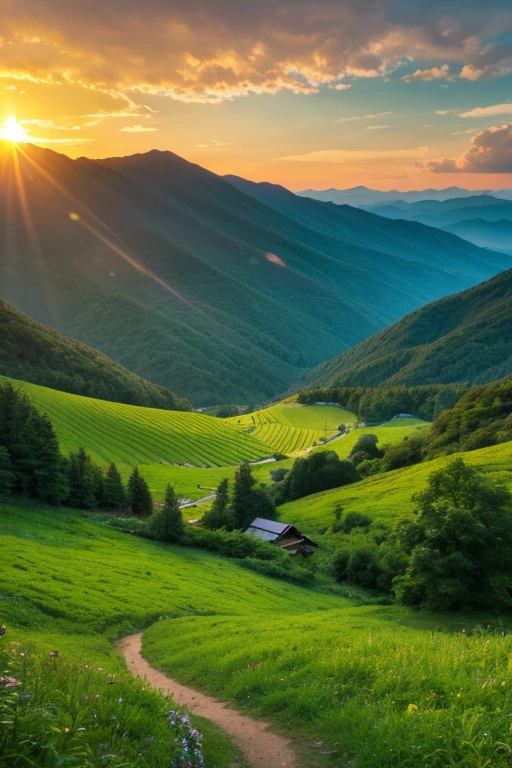 Mountain、green、sunset