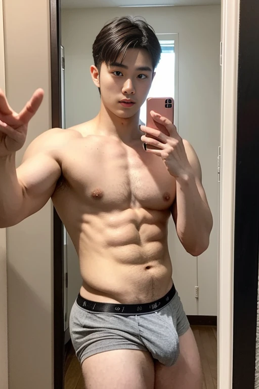 Handsome Korean chubby man in his 20s, slightly chubby muscular man, chest muscle development, thigh muscle development, I take a selfie of myself reflected in the mirror with my Samsung phone.., Wearing only gray boxer shorts, broad shoulders, Fluffy panties, copper skin