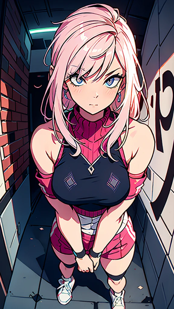 (masterpiece, best quality, 1girl, solo, intricate details, chromatic aberration), realistic, ((medium breath)),long hair, pink hair, red head ornament, pink highlights, hair over one eye,purple eyes, earrings, sharp eyes, choker, neon shirt, open jacket, crop top, (symmetry eyes),(perfect symmetrical body),against wall, brick wall, graffiti, dim lighting, alley ,look at viewer, woman at a gym, cute, front Pose, fitness girl, standing, erect Pose, symetrical, fitness model, skinny, Red sneakers, best qualityer, relaxed arms, hands down, ankle, fullbody view, stand straight with your back upright. Keep your shoulders back and maintain a straight line from your head to your feet, symmetrical frontal view, face aligned,