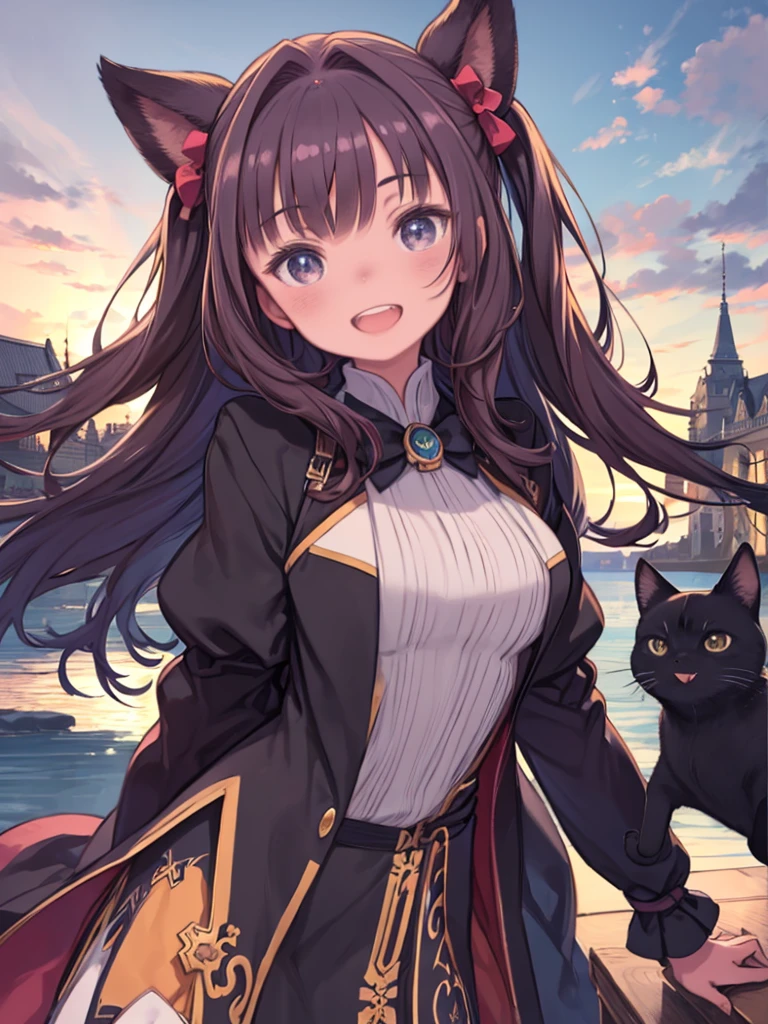 (masterpiece、Highest quality;1.3)、Ultra-detailed、One Girl、solo、Fina Grandia、Looking at the audience、Laughter、 Kiki as an adult、Black coat、Redhead Bow、blue sky、Black cat、teeth、Huge 