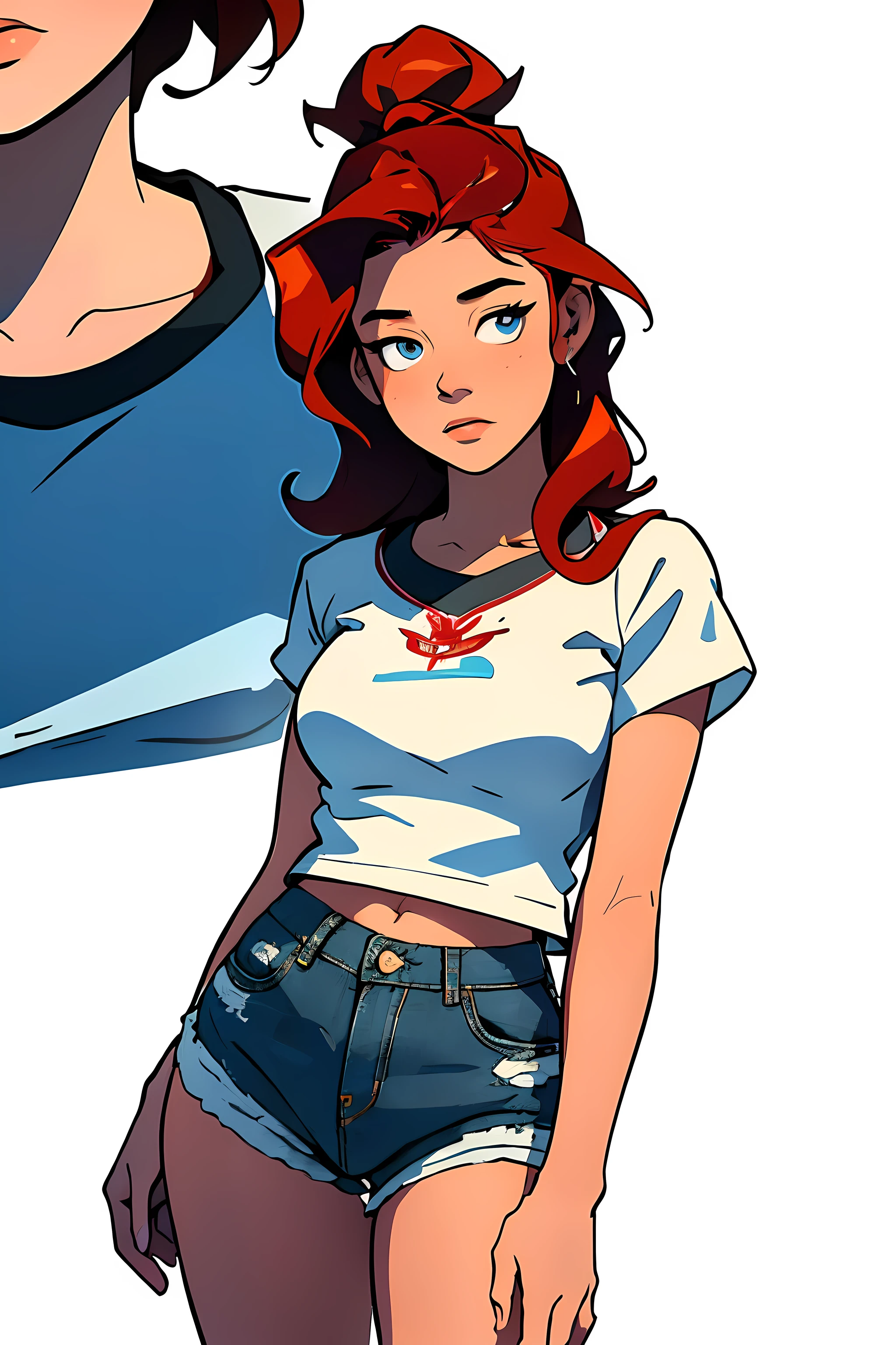 masterpiece, best quality, close up,1girl,the highest image quality, 21-year-old woman, looks like Olivia Dunne, bright red hair, blue eyes, wearing a white graphic tee and denim shorts, sad, large breasts, White background, empty background
