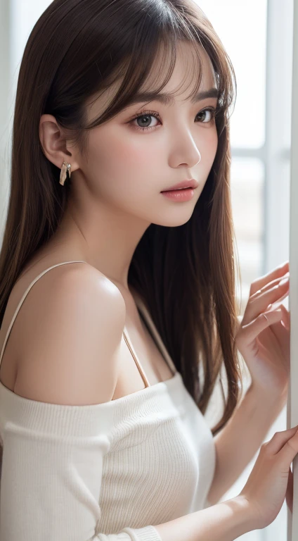 1 female, Face close-up,((From the side、Looking into the distance))、 Mid-chest, Light brown hair, Blunt bangs, Hair behind the ear, Shoulder hair, Long Hair, Slim figure, Ultra-thin face, Thin face, Delicate lips, Beautiful Eyes, A slight blush, eyes are light brown,Watch it here,A white blouse with a book of poems、Black Skirt、 Ultra-thin needles, Ultra-thin fingers, Optimal ratio of four fingers to one thumb, (Realistic:1.3), Fujifilm, 8k, Tabletop, Hmph, Very detailed, high quality, 最high quality, High resolution,
