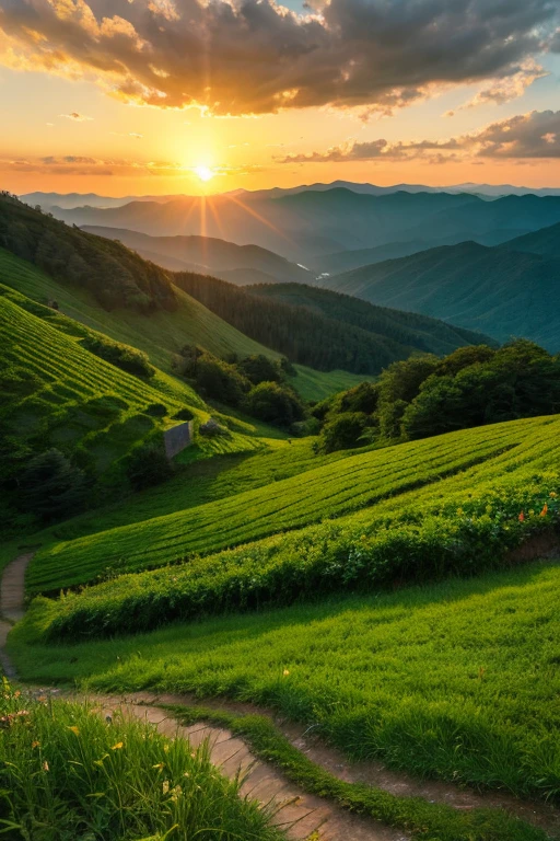 Mountain、green、sunset