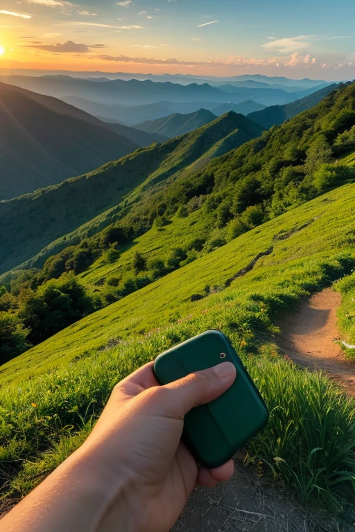 Mountain、green、sunset