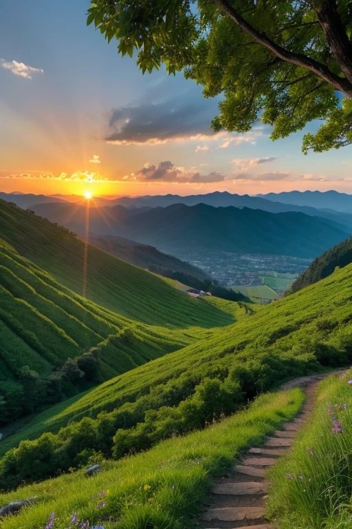 Mountain、green、sunset