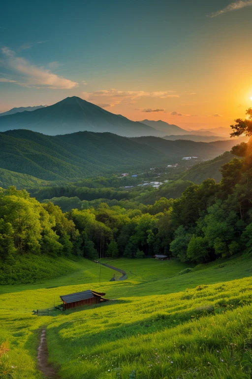 Mountain、green、sunset