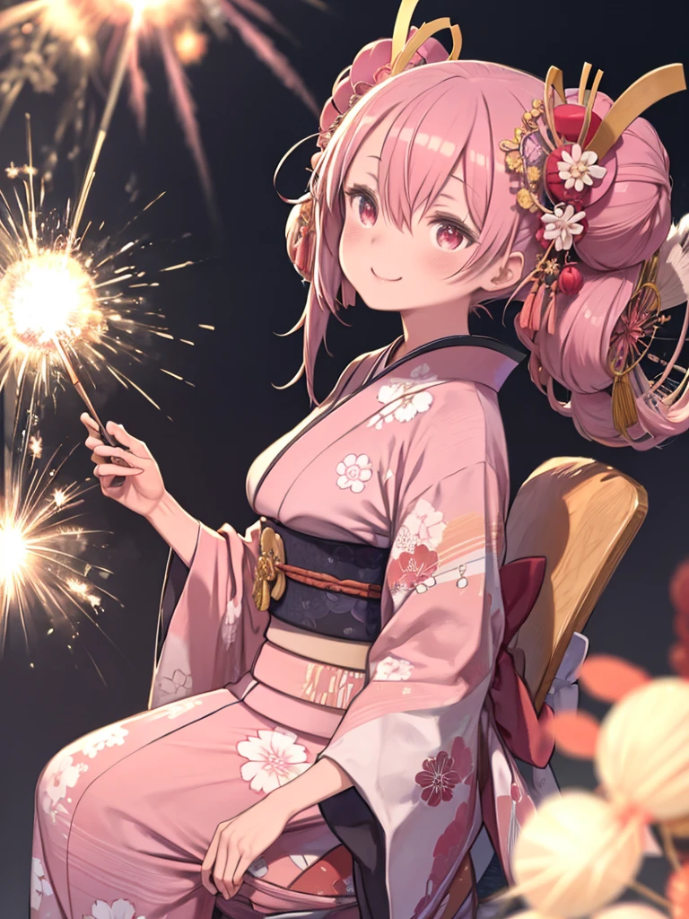 (masterpiece, Highest quality), One Girl, itch,Long Hair,Braiding,Twin tails,Hair between the eyes,Hair Ribbon,hair ornaments,Big Breasts,(Japan pink kimono:1.2),Red eyes、The best smile、Sparklers in the hands