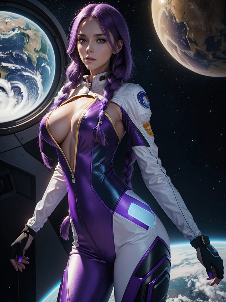 Beautiful Caucasian woman. Slim body. Just a woman. Alone. Western woman. Long hair with 1 braid. Purple hair. Bright purple eyes. Woman cosplaying as an astronaut. Her outfit is a golden astronaut jumpsuit with a large cleavage on her breasts. The woman is in a brightly lit white space station with a futuristic window showing space. The place has several blue holographic monitors. Dynamic light. Dynamic shadows. High resolution. Detailed.