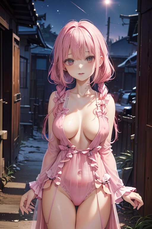 Excellent,work of art,high resolution,highest quallity,(cowboy shot)、cute face,pink hair、long hair、twintails、((Shooting from the front:1.5)), ((Wearing a thin nightgown:1.5)). ((beautiful nipples))、((breasts big:1.5)), wet and see-through