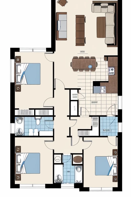 House plan seen from above with three bedrooms and bathroom, living room and kitchen
