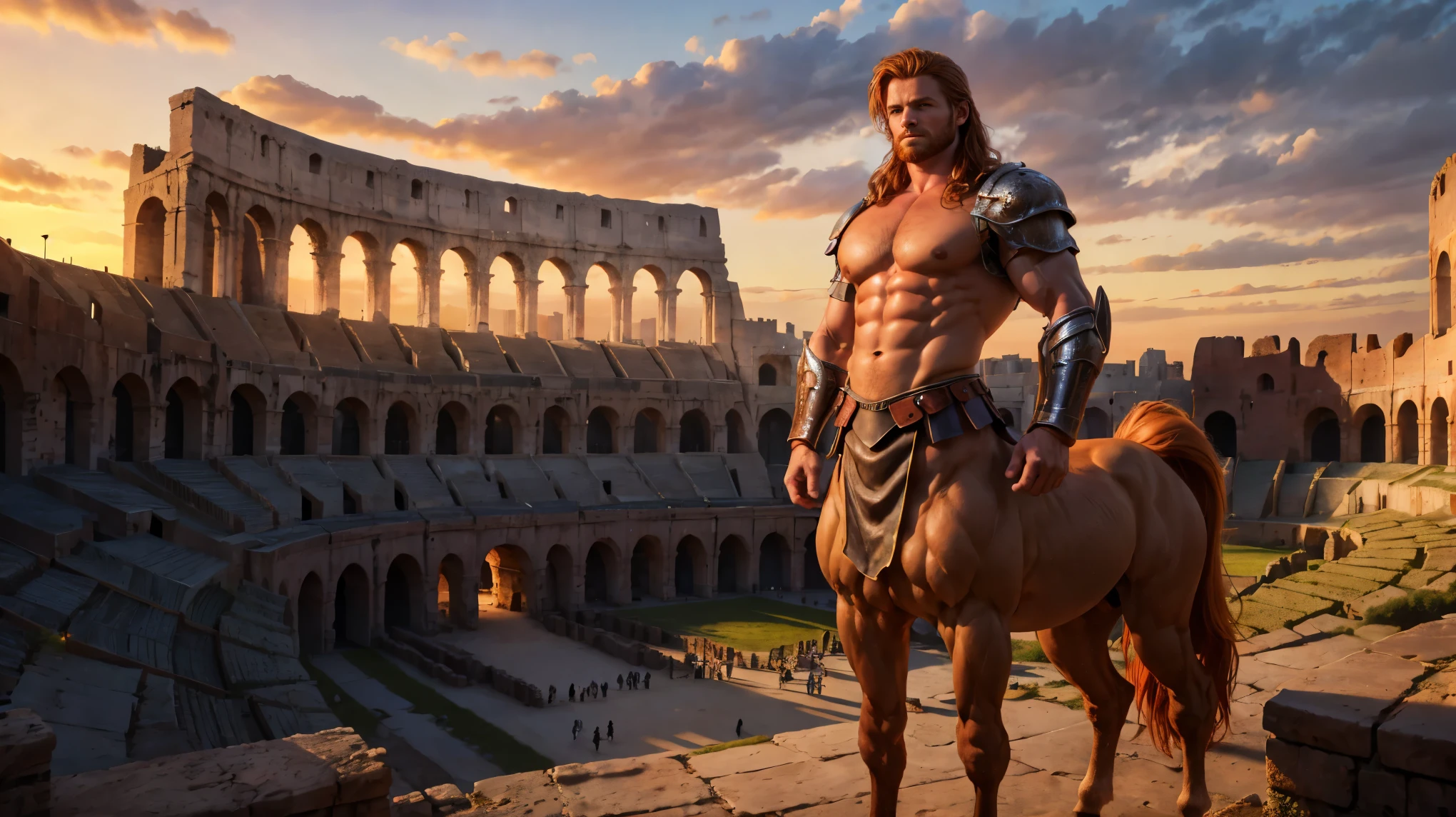 Very detailed, full color, full body photograph of a centaur..:1.2, standing, high, long reddish blonde hair, gauntlets, showing chest, detailed muscular physique, Realistic representation, 4k resolution. below: Colosseum during a spectacular sunset, 32k UHD, Best Quality, masterpiece,