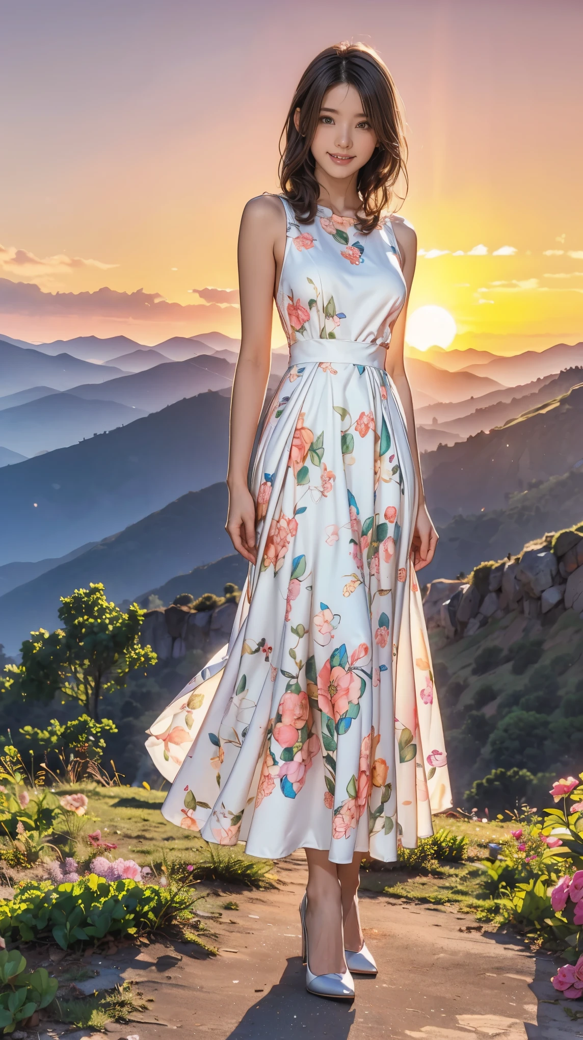 ((masterpiece)),(((Highest quality))),A low-angle shot that highlights beautiful thighs:1.5,Long legs,The best smile:1.5,Slim figure:1.5,whole body:1.5,(One Girl:1.3),(Viewer Display:1.4),(Pointy high heels:1.3),(Standing with legs apart on top of a mountain in the setting sun:1.2),(Wear a long skirt dress with floral or plant patterns:1.2),Curly Hair:1.5,