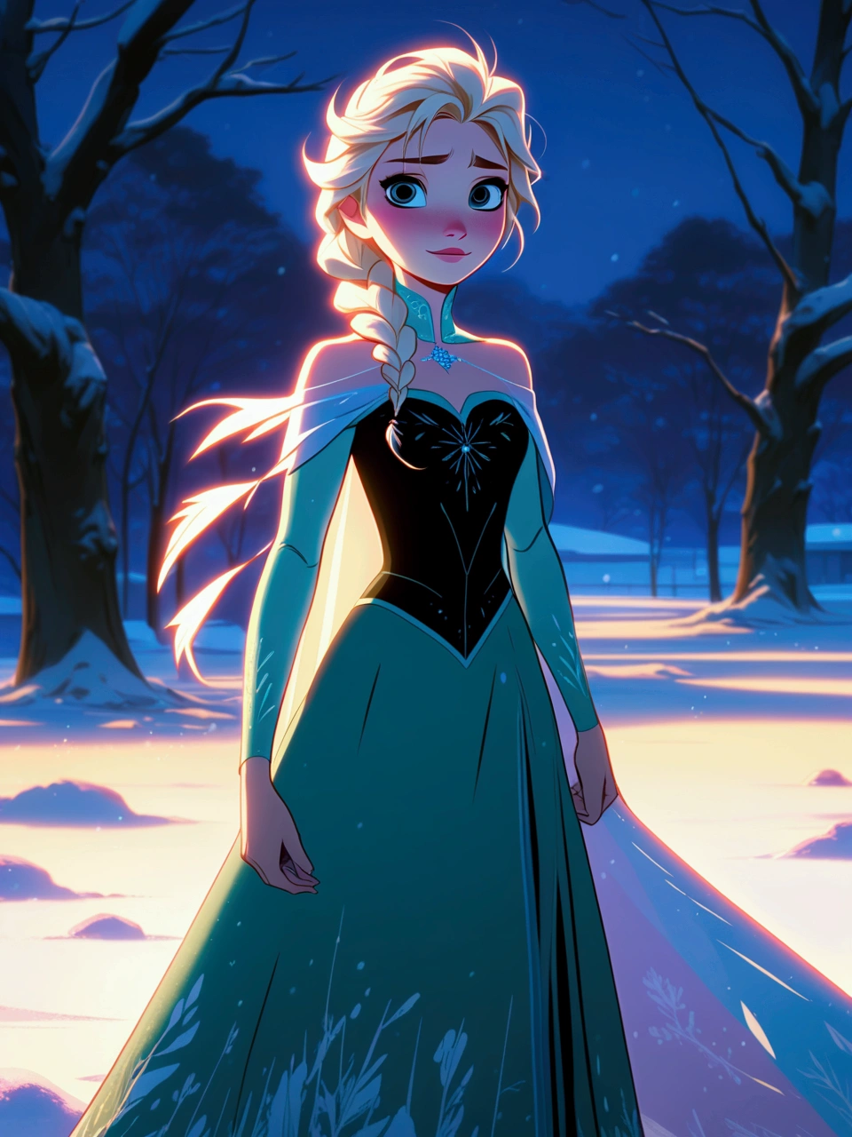 Anime film capture of Elsa from Frozen, standing in the snow. Style by Makoto Shinkai. Eerie, unsettling, dark, spooky, suspenseful, grim, highly detailed