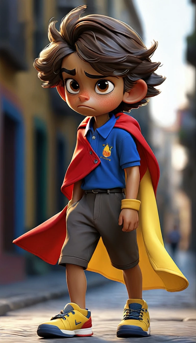 A sad boy, he walks on the street with a polo shirt and carries on his back a yellow, blue and red cape, with the text “Libertad”