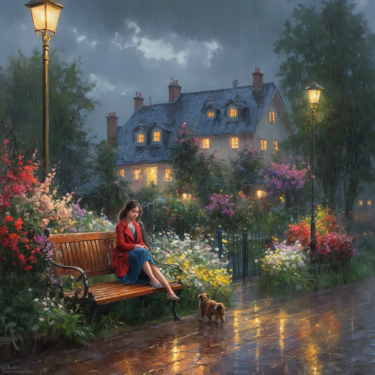 painting of a girl with flowers in the rain sitting on a bench near the house, by Pablo Munoz Gomez, rainy evening, Thomas Kinkade, inspired by Vadim Kashin, и Мамфорд и Thomas Kinkade, inspired by Jakub Schikaneder, The entry is a couplet, El Bosco and Dan Mumford, Stefan Koidl inspired, Grzegorz Rutkowski
