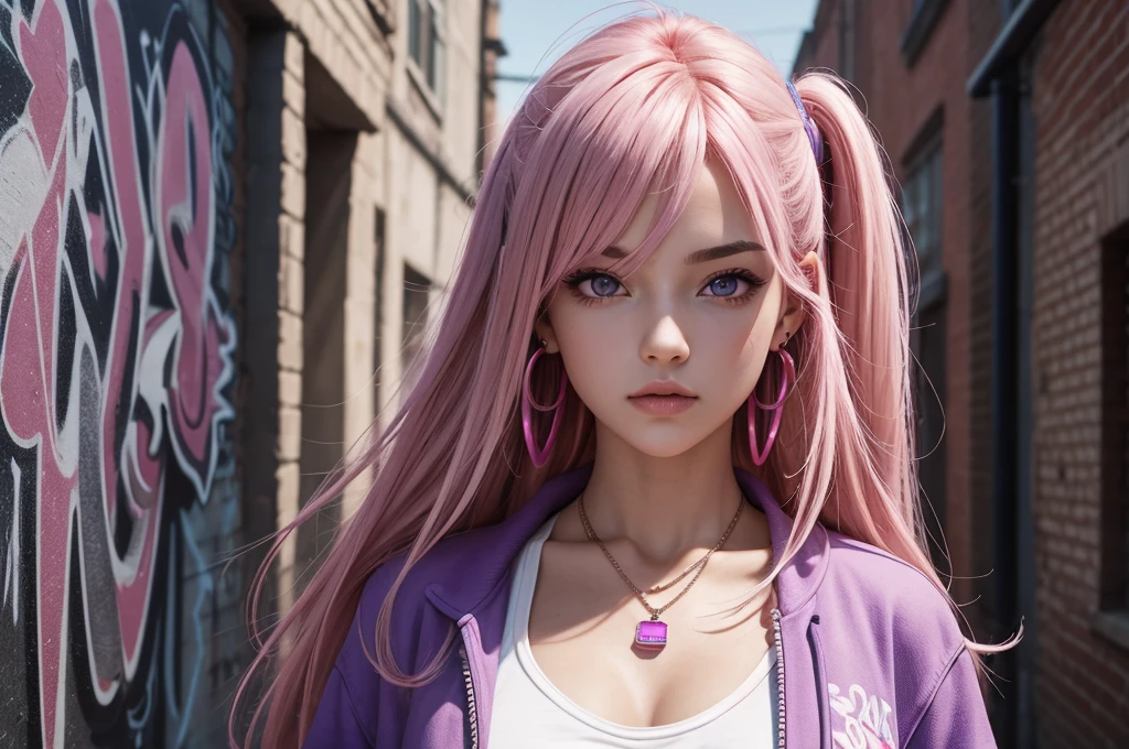 (masterpiece, Best quality, 1 girl, One, complex parts, chromatic aberration), realistic, ((average breathing)),long hair, pink hair, red head decoration, pink highlights, hair over one eye,purple eyes, earrings, keen eyes, necklace, neon shirt, open jacket, Crop top, (eye symmetry),(perfect symmetrical body),near the wall, Brick wall, graffiti, dim lighting, lane ,look at the viewer. very sexy, slutty pose,