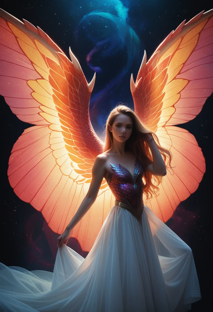 dragon girl, glowing scales, majestic wings, flowing mane, ethereal background, mystical atmosphere, Colorful, complex patterns, atmosphere, Ultra-high resolution, (Realistic:1.4), original photo,16K,dramatic lighting,