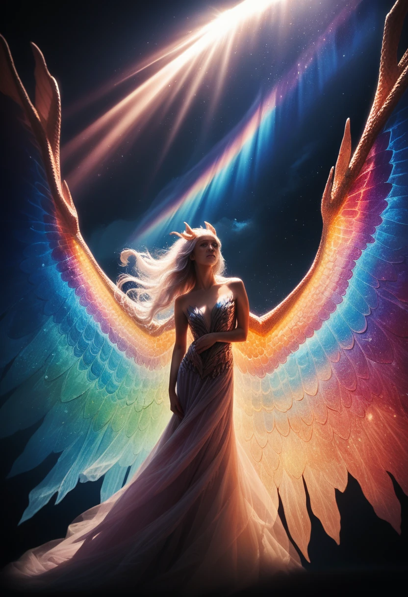 dragon girl, glowing scales, majestic wings, flowing mane, ethereal background, mystical atmosphere, Colorful, complex patterns, atmosphere, Ultra-high resolution, (Realistic:1.4), original photo,16K,dramatic lighting,