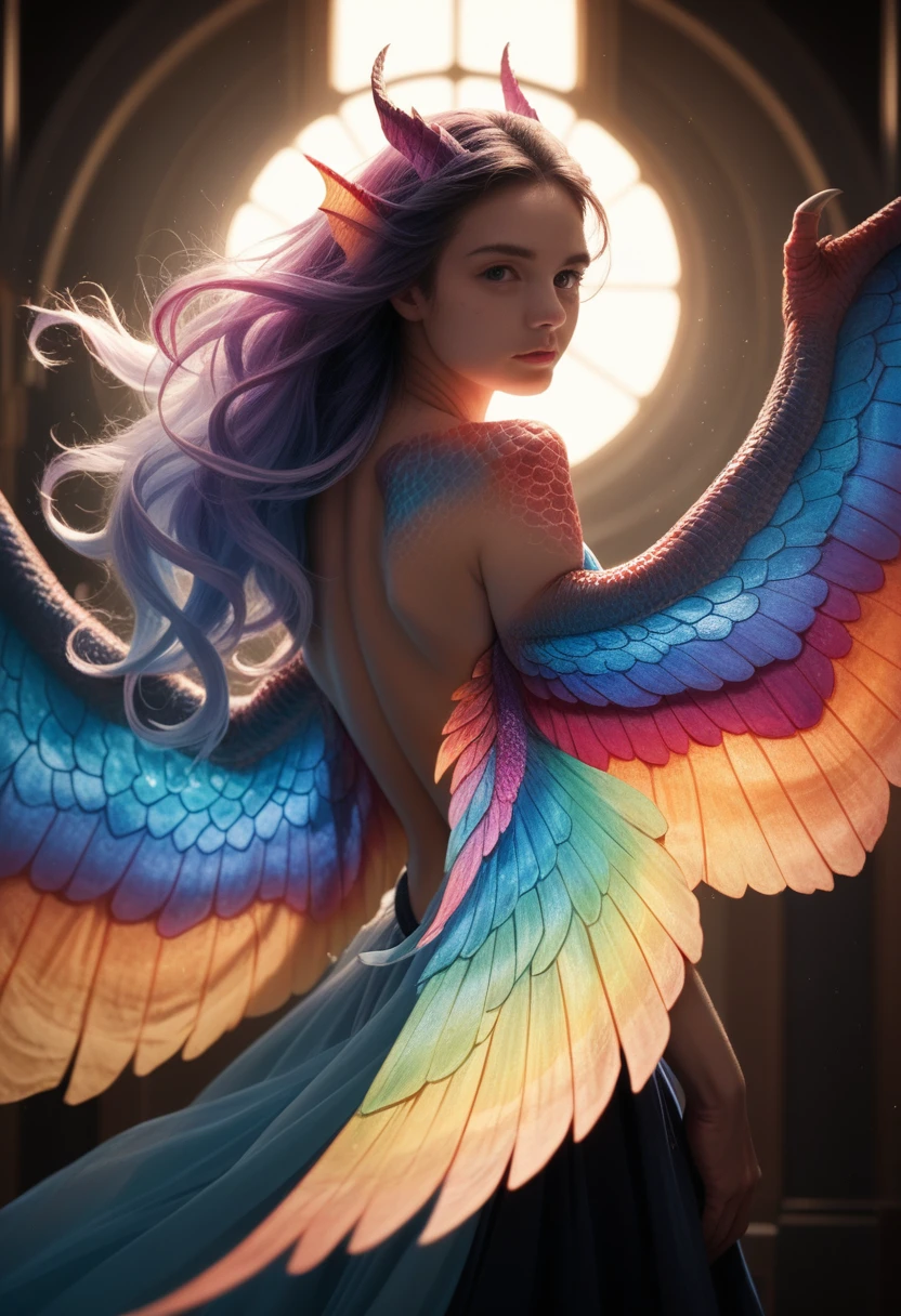 dragon girl, glowing scales, majestic wings, flowing mane, ethereal background, mystical atmosphere, Colorful, complex patterns, atmosphere, Ultra-high resolution, (Realistic:1.4), original photo,16K,dramatic lighting,