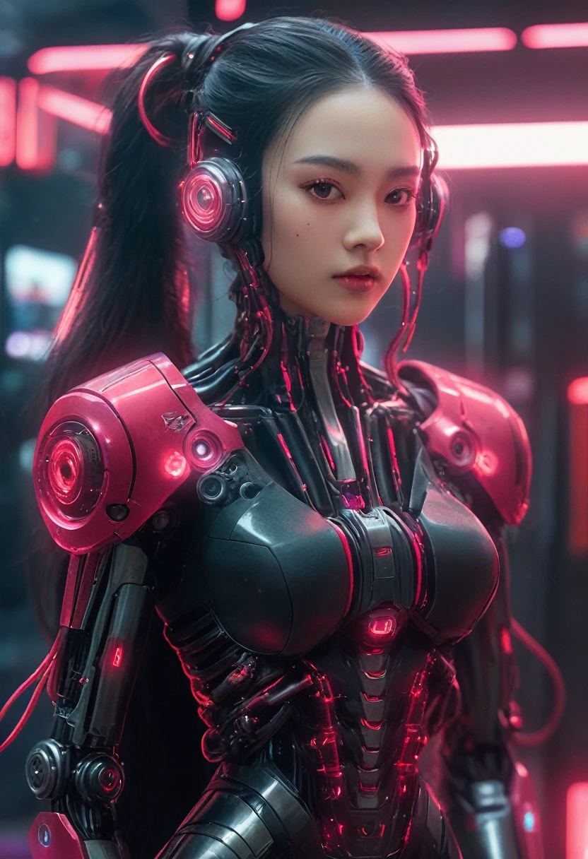 xxmixgirl. Highly detailed professional 35mm film, bokeh, face in sharp focus. A robotic female, Miku, with ((metal skin)), ((perfect Asian eyes)) with magenta irises and ((black pupils)), beautiful serious (detailed face), 18 year old ((photorealistic face)), very long magenta twin tails of magenta hair, twin black hair ties with a single red stripe. She may have a black audio headpiece. We can see her ((full body)) down to her boot soles. Her outfit is a sleeveless collared light grey shirt, outlined in red around the frilled collar and hems. Shiny reflective ((metallic breast cups, dimpleless)), invisible nipples. She wears black sleeves with red hems that start around her upper arm and bellow out as the sleeves open and extend to her wrists, with wide trumpet red rimmed cuffs. She has perfect robotic (detailed hands). She wears a red colored tie with two horizontal solid parallel black lines halfway across. She wears a fabric black skirt with a horizontal red hem at the bottom all the way around; her (((black skirt wraps around her))) and ((her skirt completely covers)) her robotic waist and thighs. Tall black boots with red bottom soles, a red rim around the top at her thighs. Her mechanical shoulder joints are visible. We can see her robotic legs and robotic neck. Half of her is covered with shiny polished machinery. The background is a distant dark neon futuristic Japanese city, gold, cyan, violet neon, near harbor or mountains.