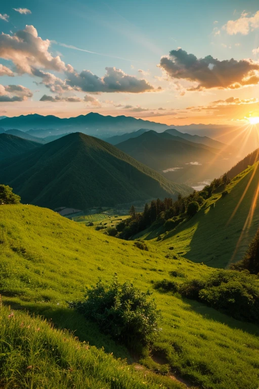 Mountain、green、sunset