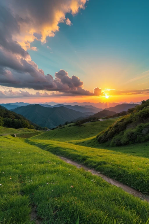 Mountain、green、sunset